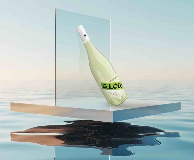 A photo of an empty 3D podium with a glass-like appearance, floating above a crystal-clear lake