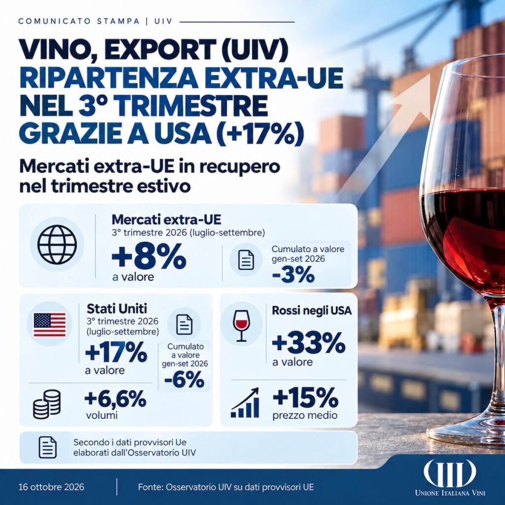 Export vino italiano: negli Usa +17% nel terzo trimestre 2026, ma vendite ai punti vendita a -5,3%. L'analisi UIV tra scorte e dazi.